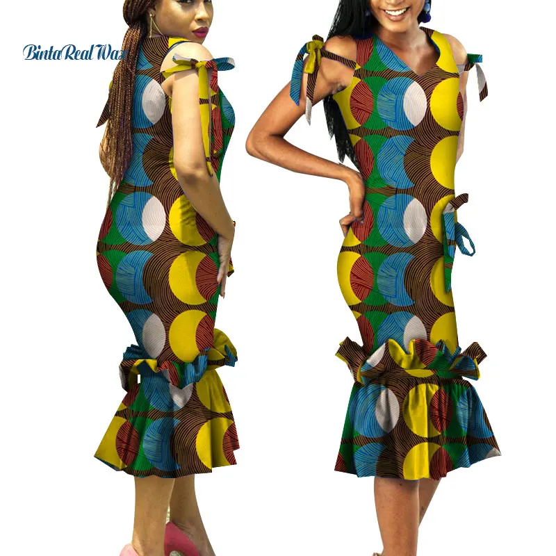 

Africa Woman Dress Casual Bazin Riche Sleeveless Bow Dress African Print Dresses for Women Traditional African Clothing WY4455