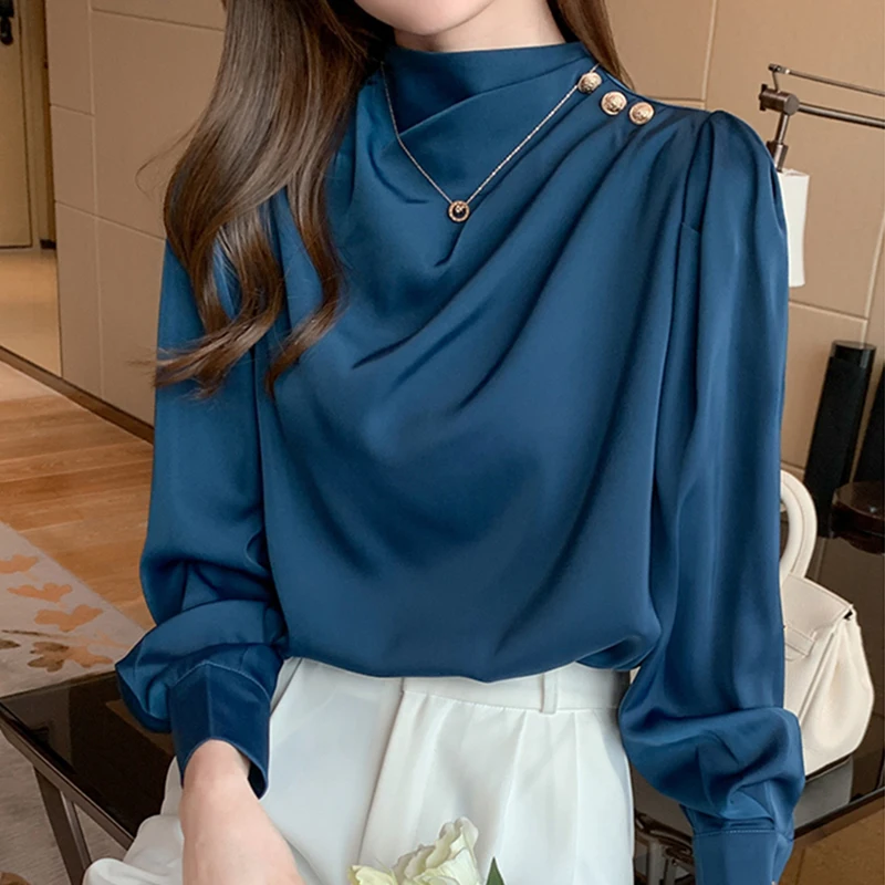 Blue White Puff Sleeve Satin Blouse Women Spring Summer 2021 Stand Collar Button Office Lady Shirt Female New Arrival In Stock