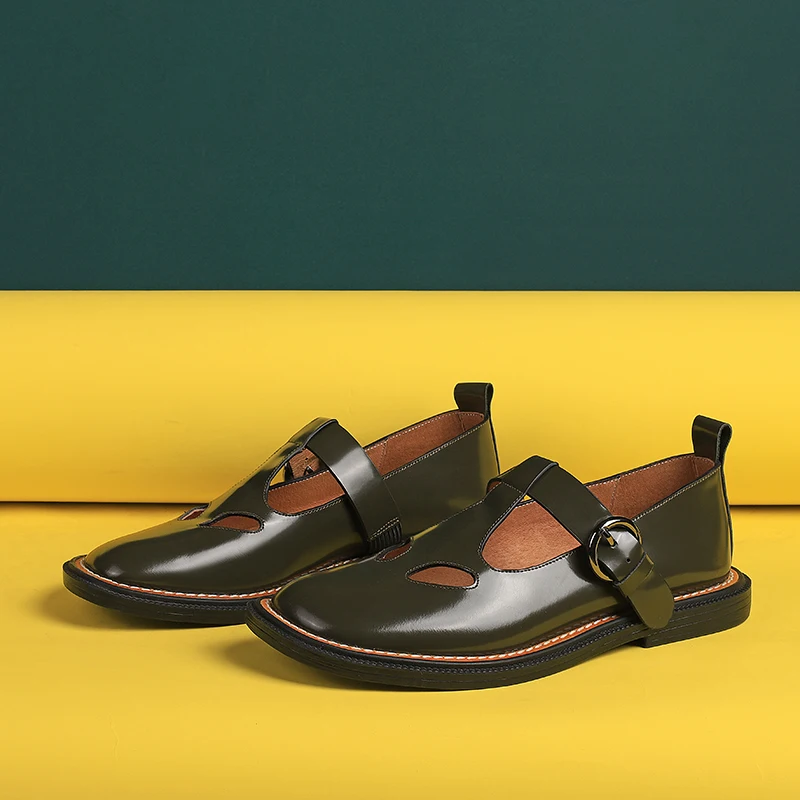 

Steinmeier New 2021 Ladies Flat Shoes Square Toe Genuine Leather Buckle Pearl Retro Soft All-Match Casual Summer Black Sandals