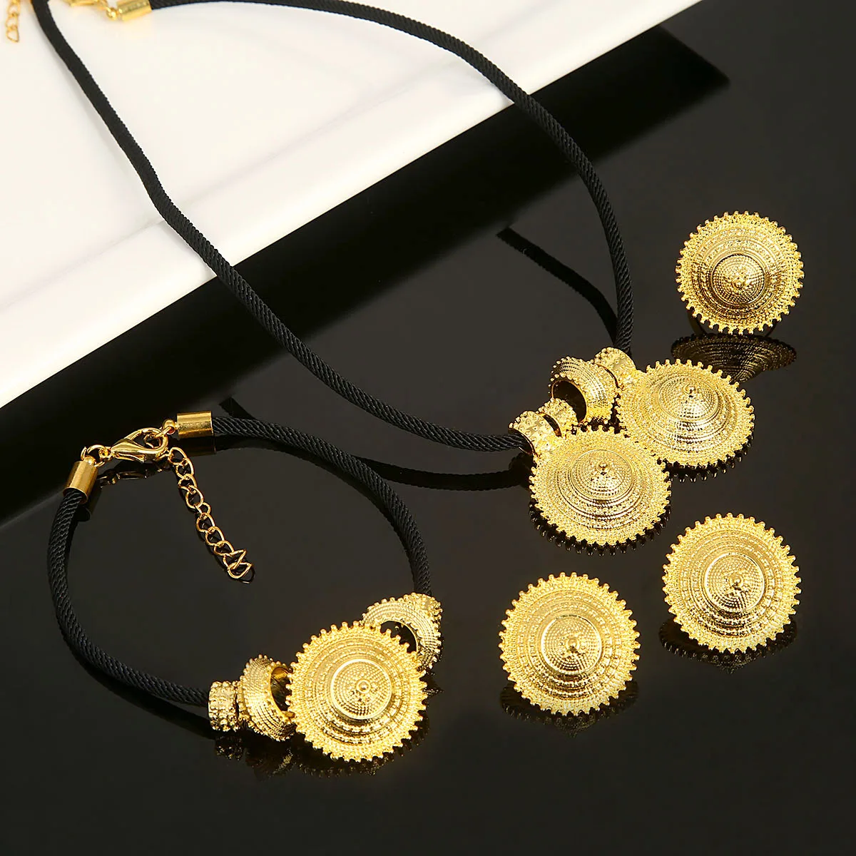 

Ethiopian Gold Color Necklace Pendant Earrings Ring Bracelet African Jewelry Set