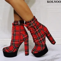 kolnoo 2022 new style handmade women thick heel ankle boots check cloth shoelace sexy platform evening fashion winter prom shoes