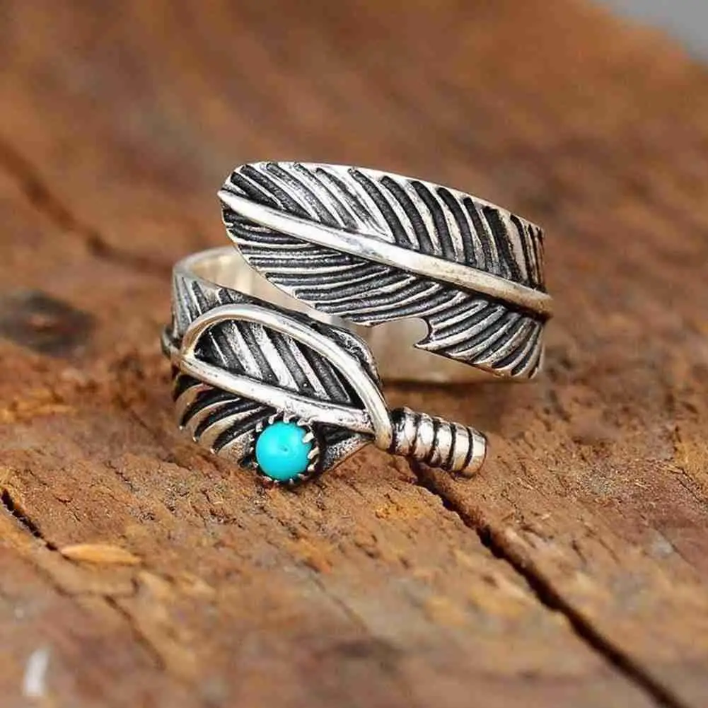 

Retro Silver Color Turquoise Rings For Men And Women Vintage Feather Green Agate Ring Jewelry Adjustable Opening Cocktail R C0q4