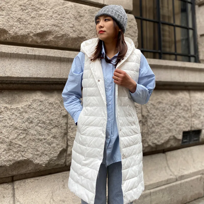 

White Goose Down Vest Hoody Women Fashion Lightweight Thin Autumn Winter Sleeveless Hoodie Down Waistcoat Vest 2021