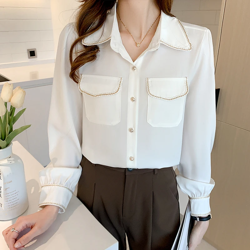 

Chiffon Loose Women's Shirts New Fashion Blouses Casual Long Sleeve Blusas Solid Color Polo Collar Shirt Spring Houthion