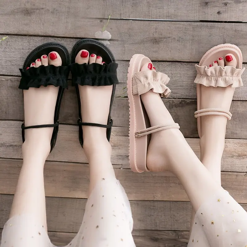 

Female Sandal Low-Heeled Shoes With Strap All-Match 2021 Summer Girls Low-heeled Comfort Flat Fashion Beige Clear New Fabric Sol