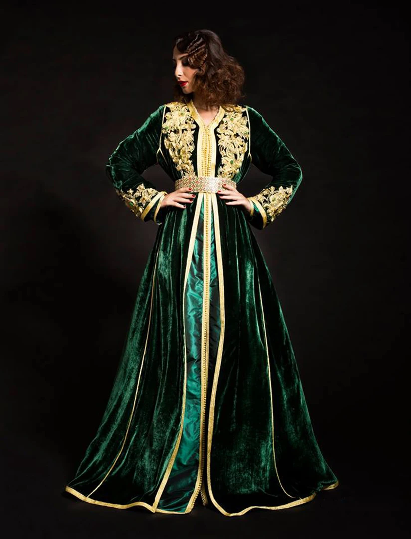 

Emerald Green Moroccan Caftan Muslim Evening Dresses V-neck Long Sleeves Appliques Velvet Saudi Arabic Prom Gowns Party Dress