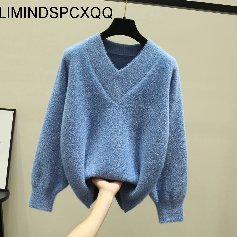 

Faux Mink Velvet V-neck Knitted Sweater Women Loose Here Simple Commuter Fashion Stretch Bottoming Sweater Pullover Femal Spring