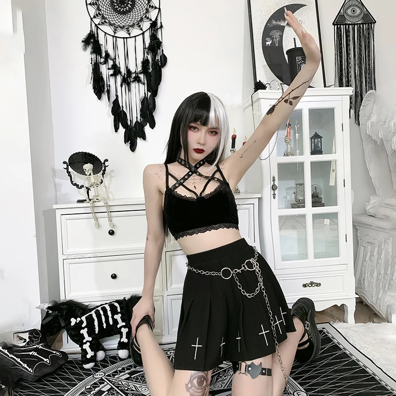 

Summer Punk Goth Bandage Black Camis Streetwear Sexy Hollow Out Lace Trim Crop Tops Grunge Gothic Style Backless Camisoles