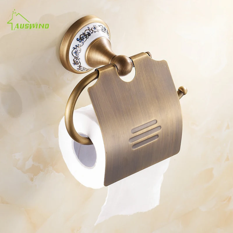 

AUSWIND Antique Brushed Brass Porcelain Base Bathroom Hardware Set Bronze Ceramic Bathroom Products with Flower Decoration