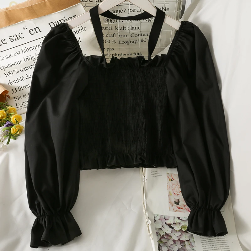 

Женская блузка с вырезом-лодочкой, короткая, приталенная, с пышными рукавами, в Корейском стиле, осень 2021