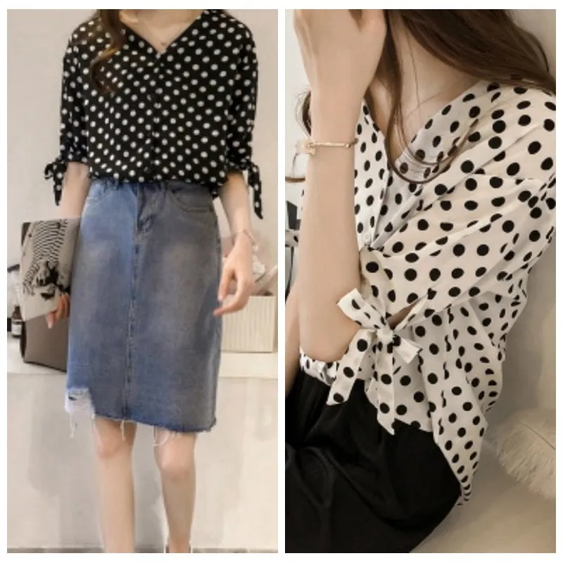 

Casual V Neck Half Sleeve Black Polka Dot Shirt Women Chiffon Blouse Blusa
