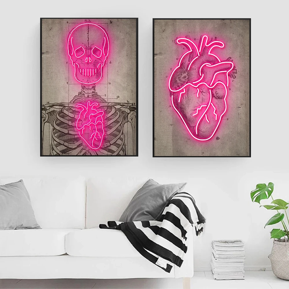 Скандинавская неоновая картина в форме сердца скелета винтажная на стену