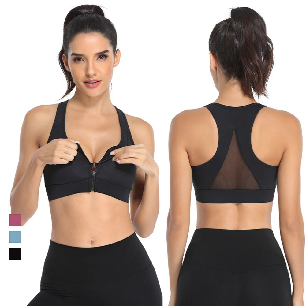 Спортивный топ с застежкой на молнии и сеточкой на спине, ударопрочный, сексуальный, поддерживающий, дышащий, с вкладышами, подходит для йоги и других видов спорта.