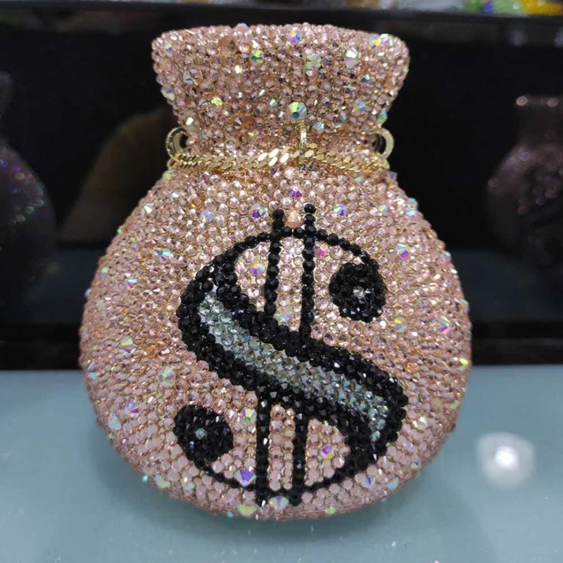 

WHTUOHENG Pink/Champagne 4 Color Mini Money Bag $ Pattern Women Rhinestone Evening Clutches ChainMinaudiere Female Prom Purses