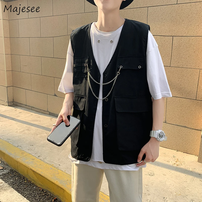 

Men Cargo Vest Chains Hip-pop Oversize Single Breasted Tooling Coats Sleeveless BF V-neck Multi-pockets Japan Style Waistcoats