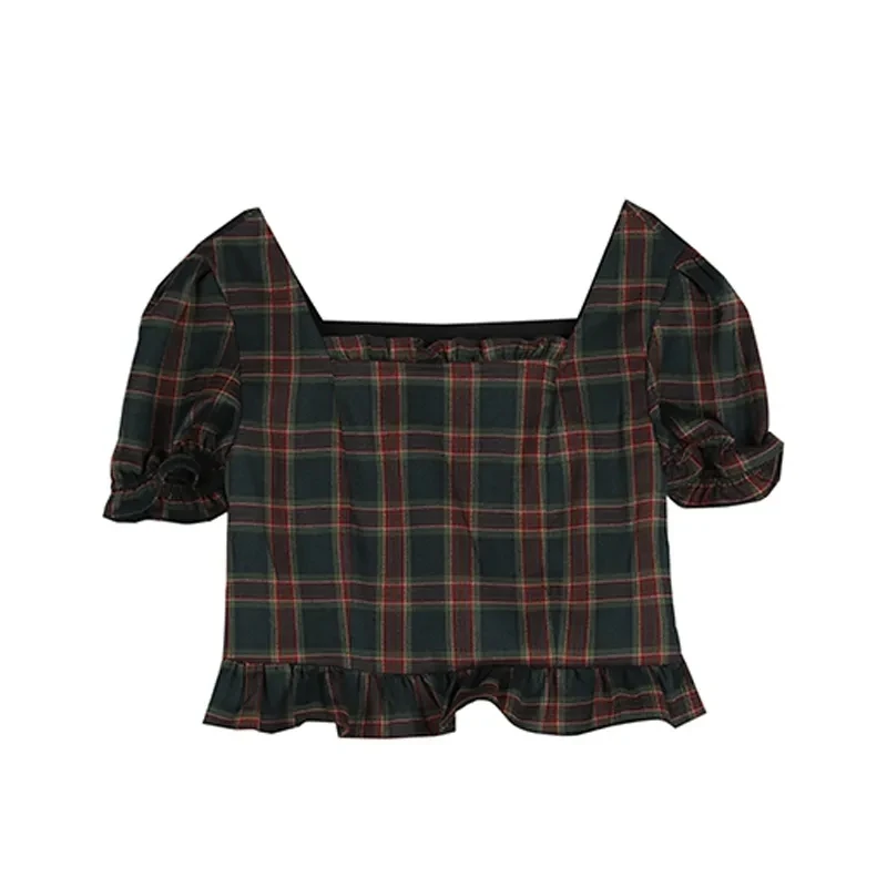 

Tops Women Square Collar Ruffles Short Sleeve Plaid Crop Tops Korean Preppy Style Shirts Female Sweet Vintage Blouse Top