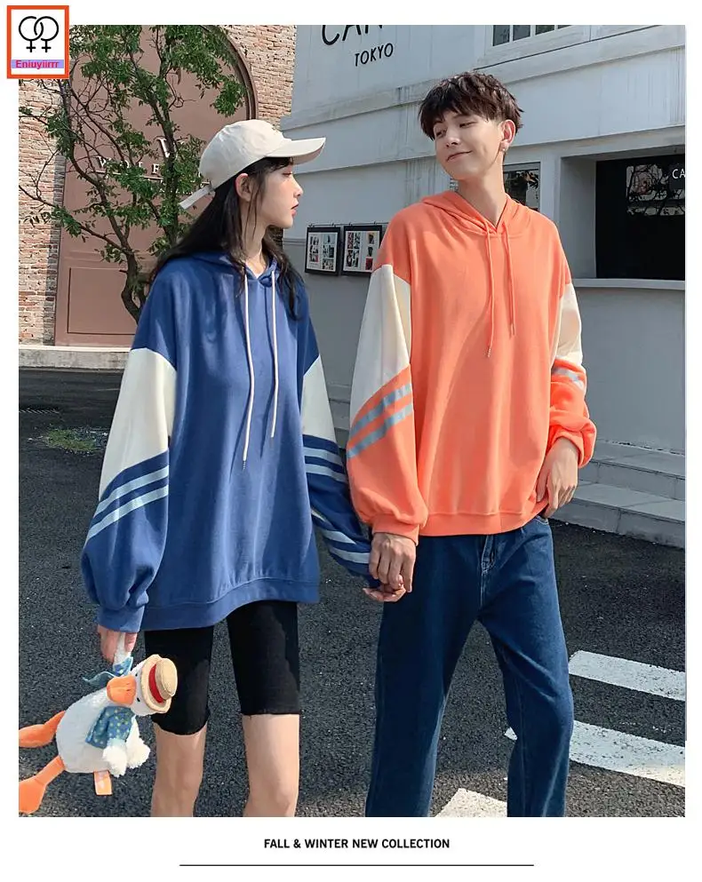 

Autumn Winter Women Female Male Matching Couple Clothes Casual Loose Striped Hooded Cute Lovers Hoodies Sweatshirts 1409