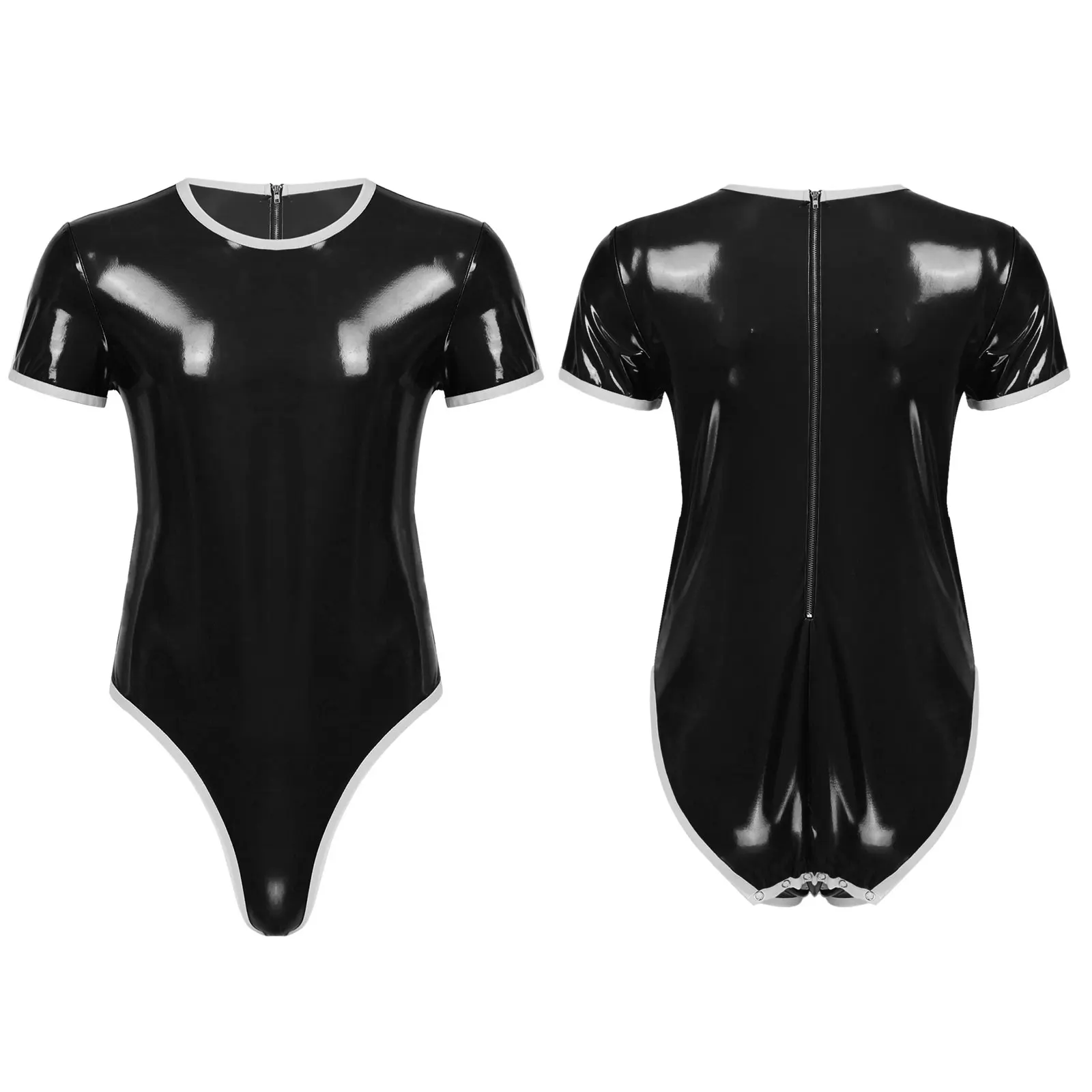 

Mens Glossy Lingerie Leotard Latex Patent Leather Short Sleeve Bodysuit Round Neck Zipper Catsuit Nightclub Stage Show Clubwear