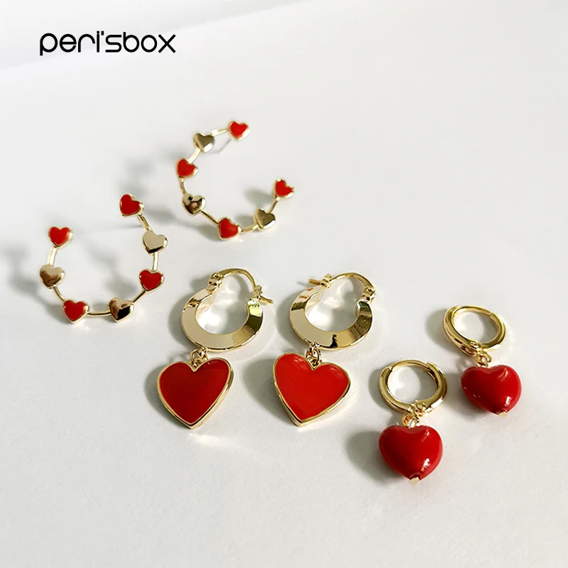 Серьги кольца Peri'sBox с эмалированными розовыми сердечками маленькие Изящные