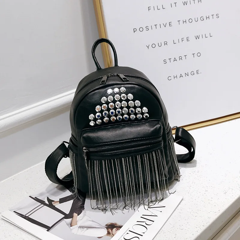 

2020 Women Rivets Small Backpack Tassel Anti Theft School Bag Daily Cute Black Backpack for Teenager Girls Casual Travel Daypack