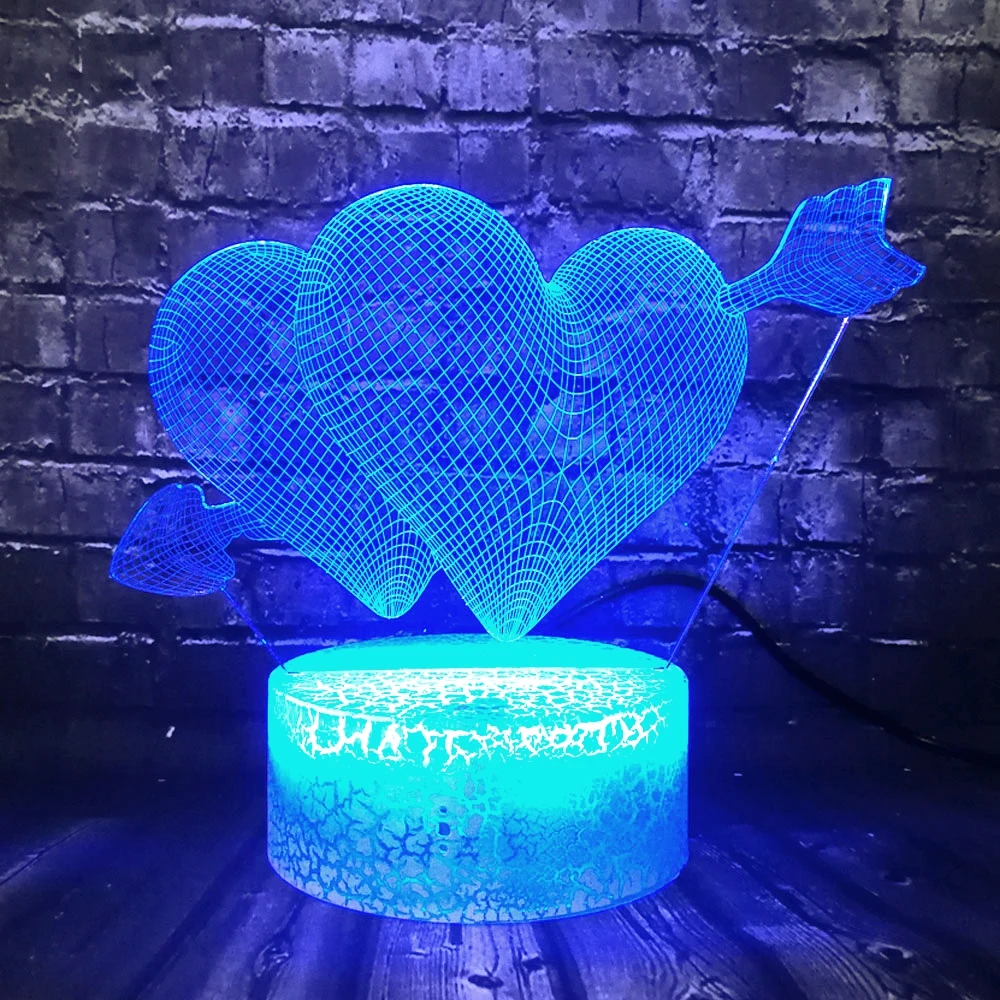 Романтическая любовь Купидон стрела через Двойное сердце 3D светодиодный USB лампа Милая влюбленные Свадебные украшения Красочный ночной светильник подарок