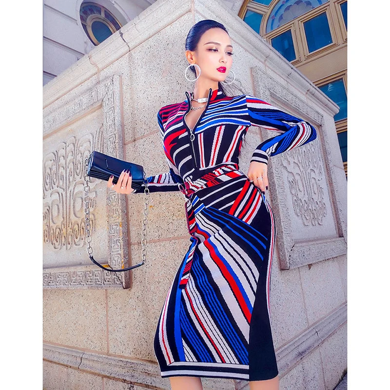 

DUOFAN Turtleneck Long Sleeve Skinny Dress Zebra Pattern Autumn Sexy Basic Mid Calf Dresses Elegant Bandage Party Slim Dress