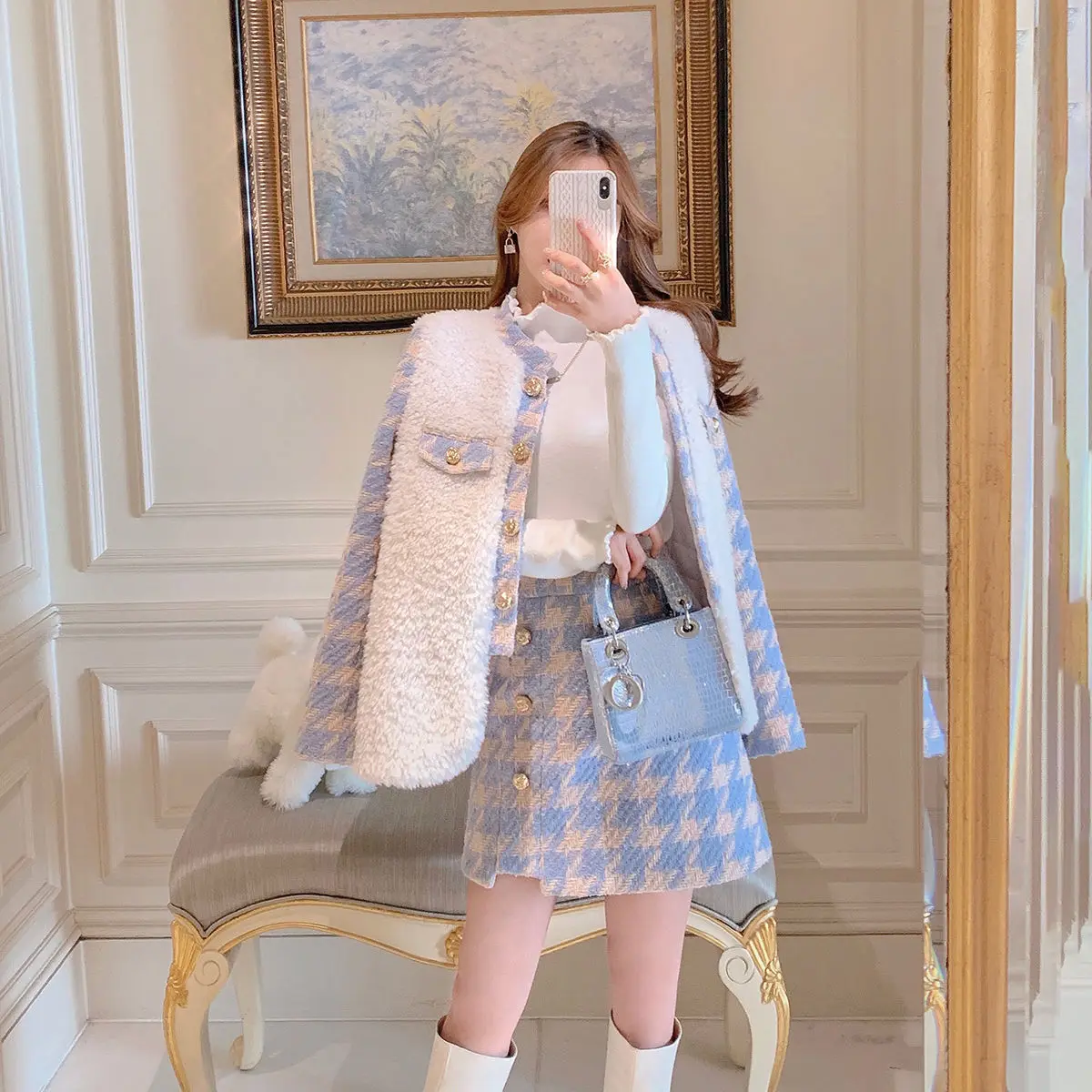 

"Hokkaido milk salt" winter Korean new woolen coat high waist buttock plaid skirt suit