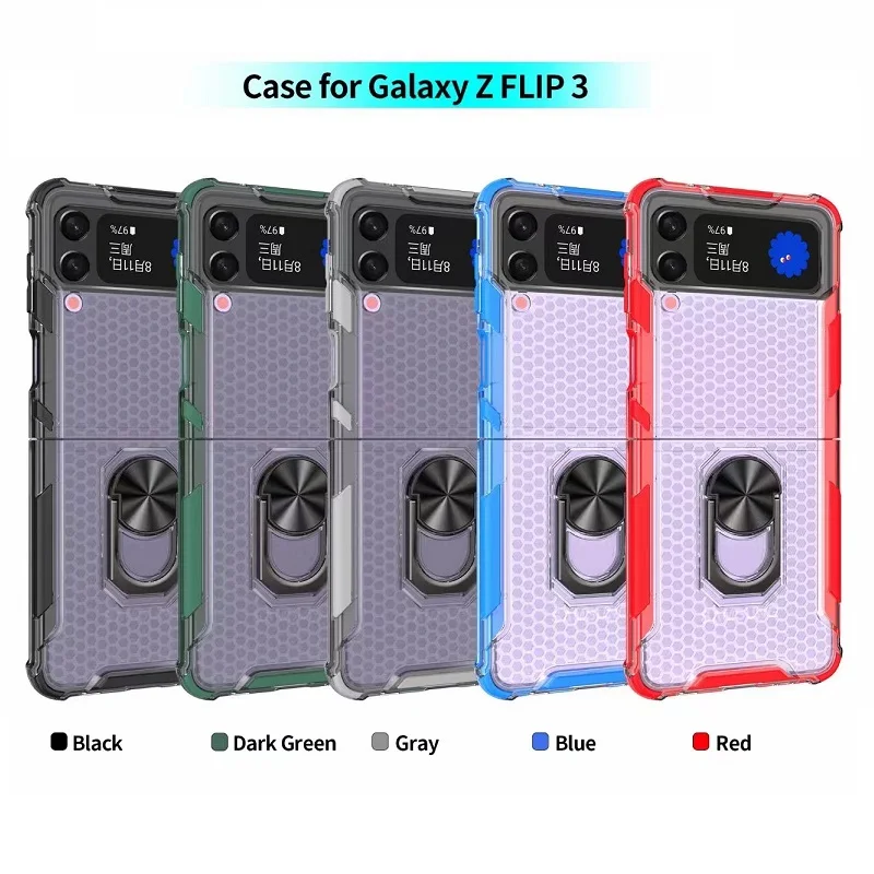 

For Samsung Galaxy Z Flip 3 5G Clear Honeycomb Armor Folding Screen Phone Case Car Magnetic Finger Ring Holder Protection Cover