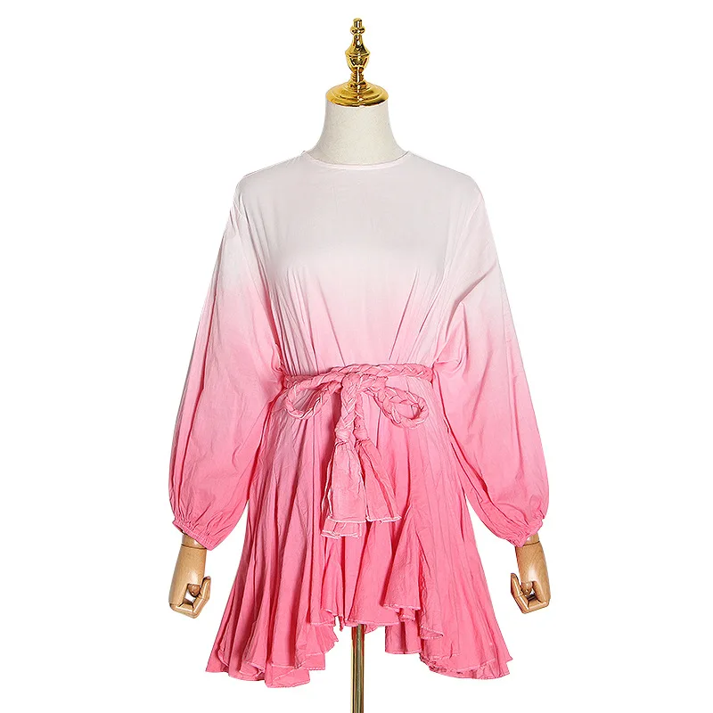 

Season Fashion Lantern Sleeve Crewneck Pleated Tie Dye Loose Tunic Short Dress Women