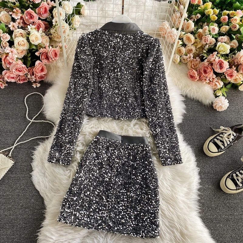 

Autumn Winter Sexy Sequin Two Piece Set Women Elegant Turn-Down Collar Single Breasted Short Tops + Mini Skirt Party Suit New