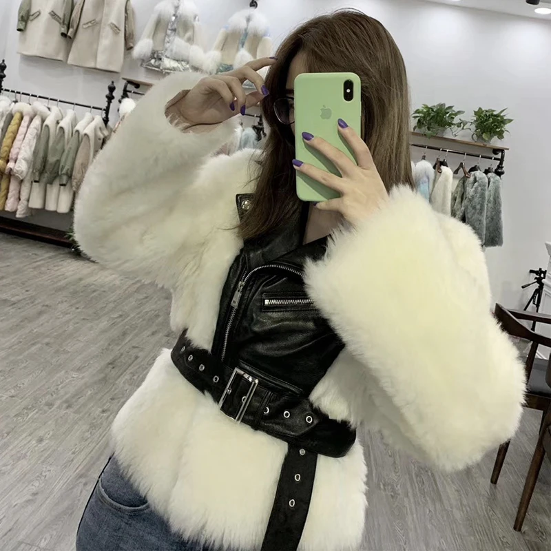 Новая стильная модная куртка из натуральной кожи Женская Шуба с кожаным ремнем