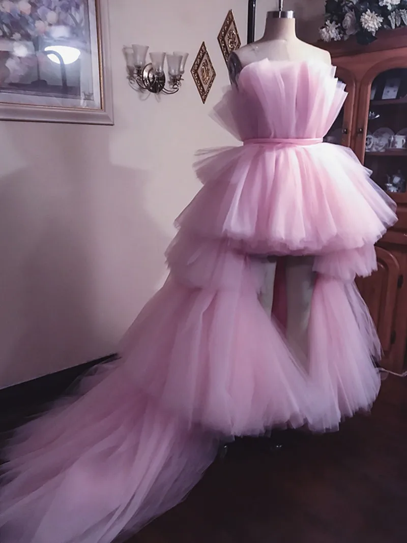 

Real Image 2023 Pink Ruffles High Low Evening Dresses Tiered Puffy Tutu Prom Gowns Pretty Formal Dresses Abendkleider