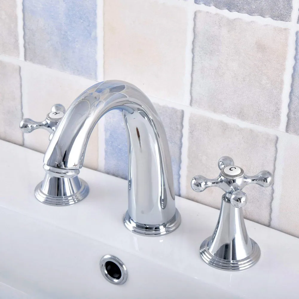 

Silver Polished Chrome Brass Deck Mounted Bathroom Basin Faucet Widespread Vanity Sink Mixer Tap Three Holes/Two Handles anf545