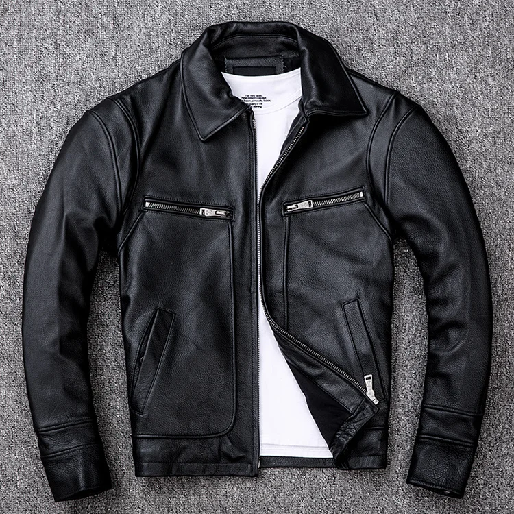 

Мужская Короткая кожаная куртка, черная Повседневная приталенная куртка из натуральной воловьей кожи, с локомотивом, 2022