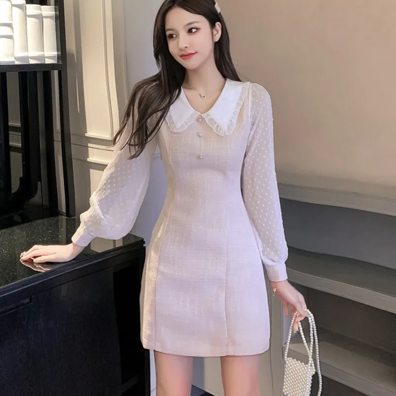 

High Quality Fashion Sweet Women's Long Sleeve Pink Tweed Mesh Patchwork Dresses Fall Winter Polka Dot Office Work Vesitdos