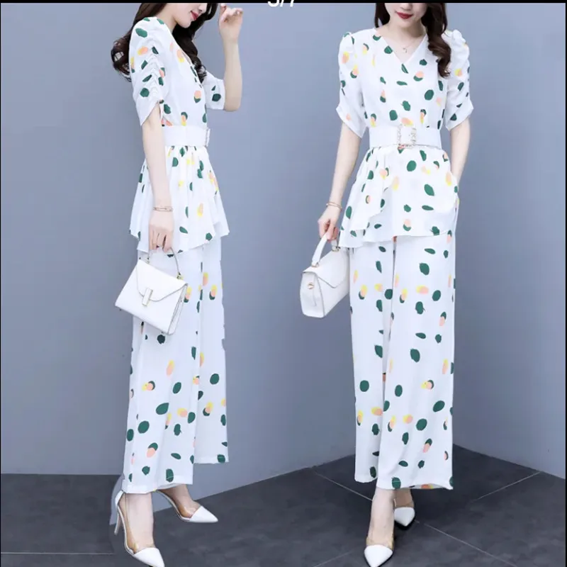 

Chiffon Summer Suit Female 2021 New Women's Fashion V-Neck Print Full Length Wide Leg Pantssuits Belt Shirring Oversize