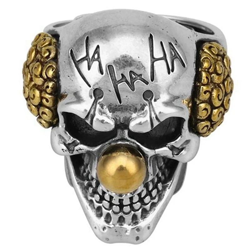 

Creative New Skull Ring Soldier The Joker Face Ring Funny Clowns Finger Ring with Lettering "HA HA HA" for Men Party Jewelry