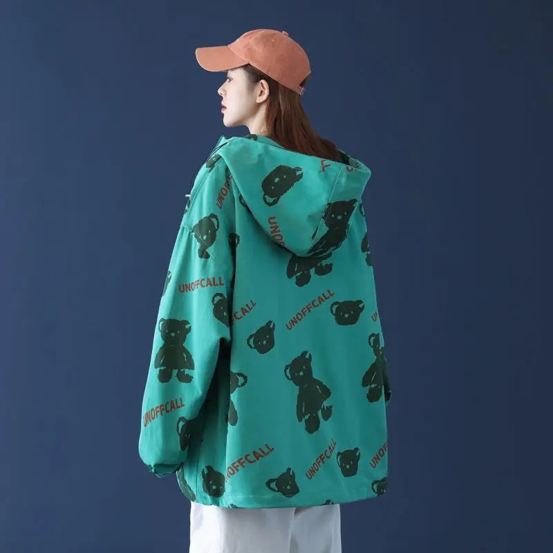 

MRWILK Bear Print Coat For Women's Spring Japanese Sweet Girl's 2021 New Loose Korean Student Versatile Jacket Women Plus Size