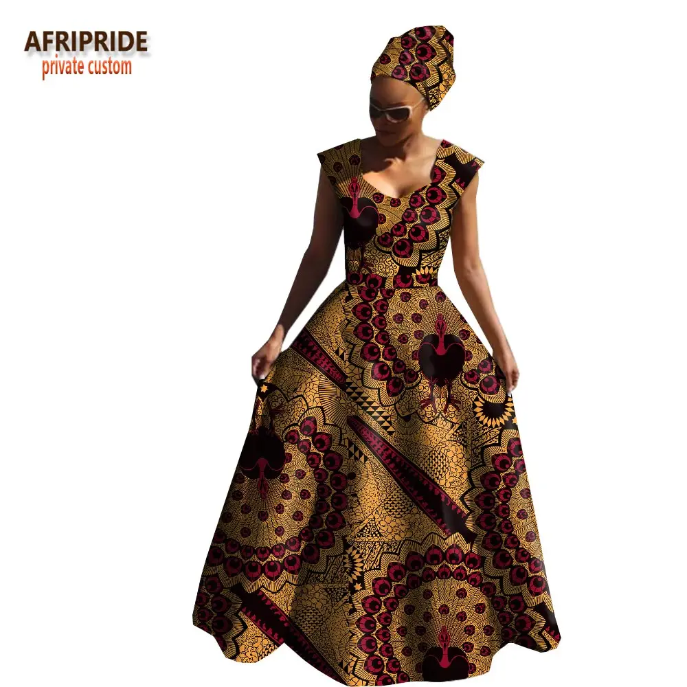 Afripride, Африканское весеннее Хлопковое платье для женщин, без рукавов, v-образный вырез, длина до пола, женское платье с повязкой на голову A1825039