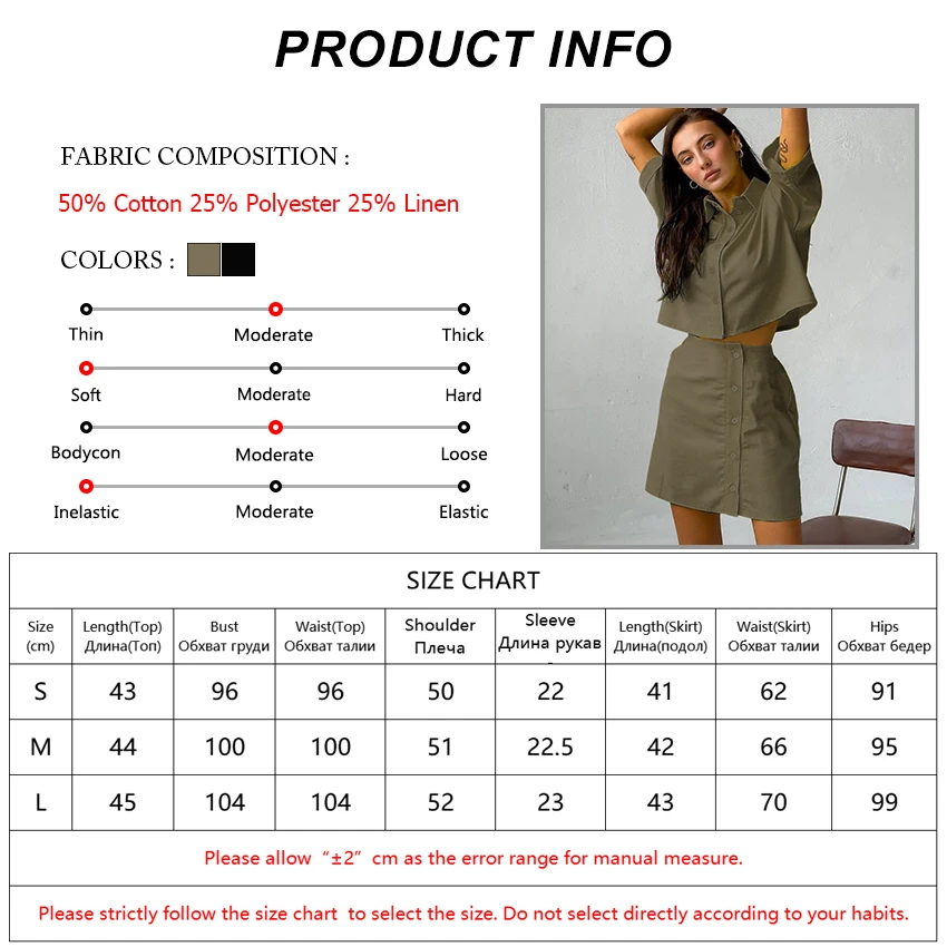 

OOTN Black Mini Skirt 2 Pcs Women Set Summer Shirt Buttons Cotton Linen Two Piece Set Female Short Sleeve Top Casual Suit 2021