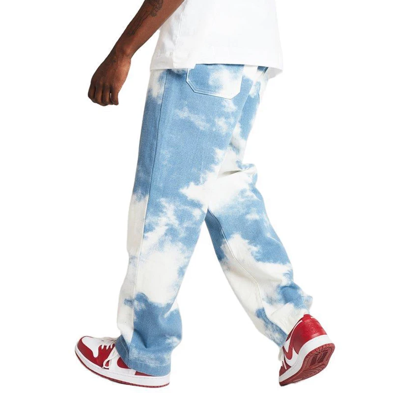 Pop Nice Snowflake Tie-Dyed Jeans Loose Straight Men Denim Biker Casual Pants Hip Hop For S-3XL