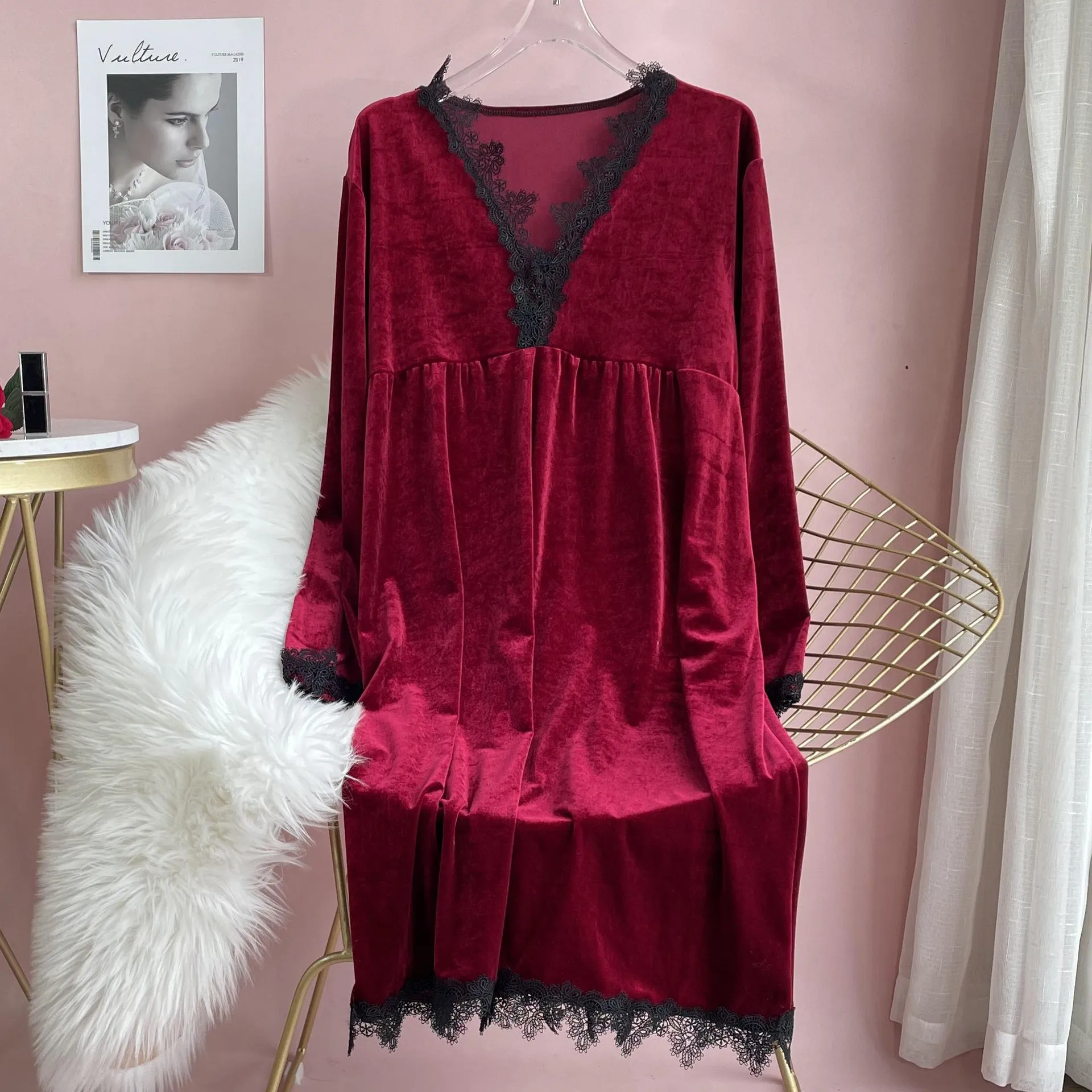 

Lace Velour Patchwork Nightgown Intimate Lingerie Spring New Nightwear Casual Long Sleeve Women Home Clothing Nightdress