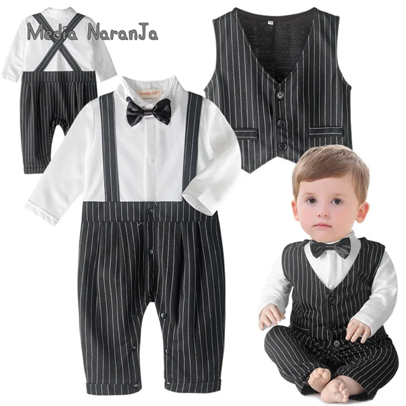 

Baby boy gentlemen suit infant toddle set shcool kindergarden performance party clothes vest+bow tie romper