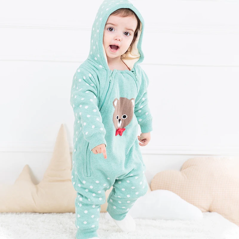 Newborn Baby Girl Boy Autumn And Winter Plus Cotton Hooded Jumpsuit Climbing Suit Cartoon Double Zipper | Мать и ребенок