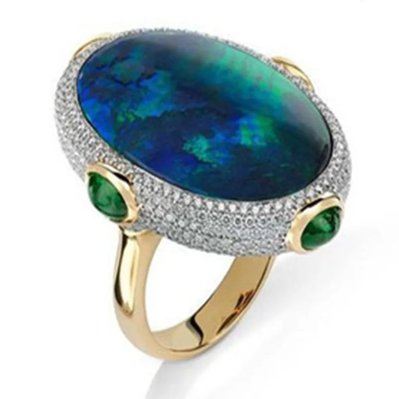 

Female Oval Shaped Dark Green Opal Big Rings Vintage Jewelry For Wedding Party