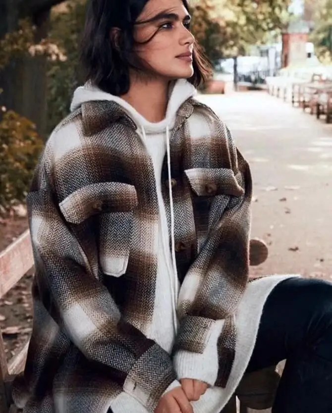 Женская рубашка в клетку кофейного цвета Мягкая шерстяная блузка с отложным