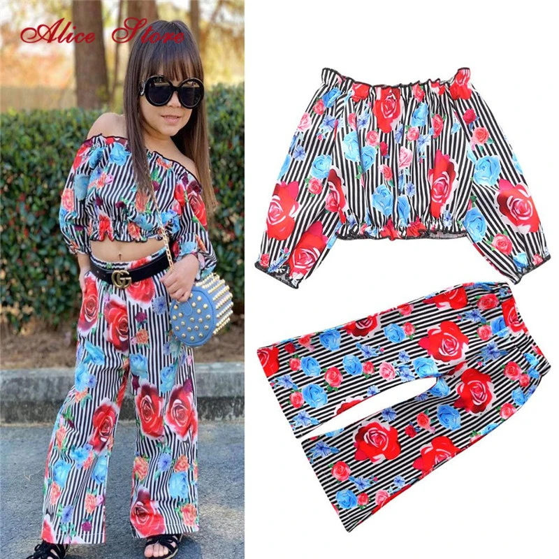 Комплект одежды для девочек из топа в полоску и брюк с широкими