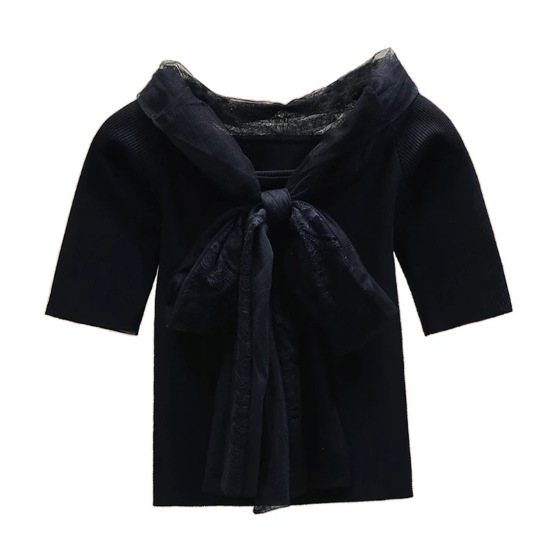 

Mesh Stitching Knitted Tshirt Woman New White Black T-shirt Short Sleeve Slim Tops Female Ins Super Fashion Summer Top Tees Tee