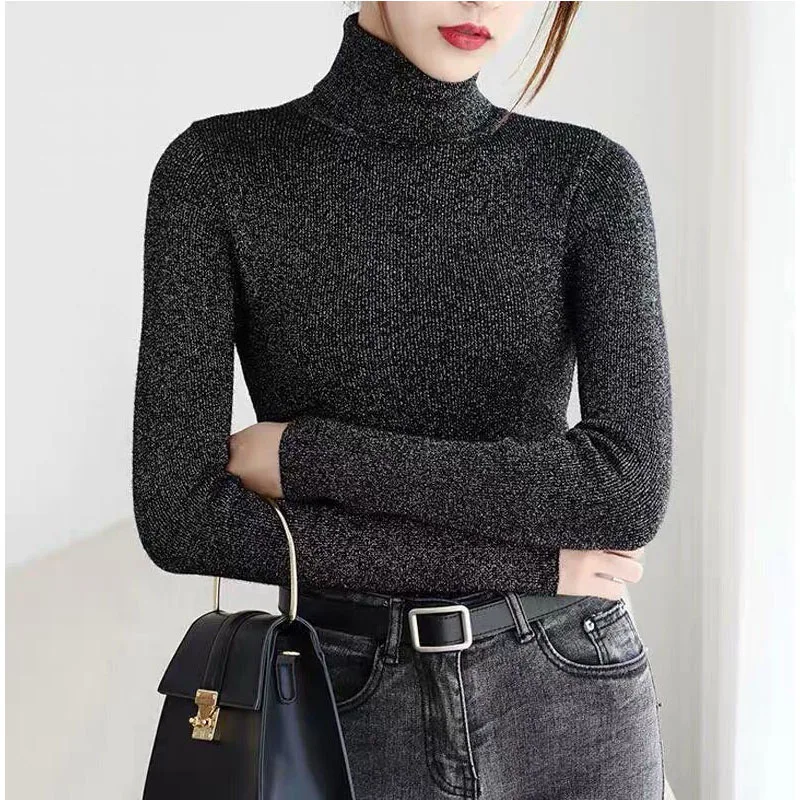 Блестящий облегающий топ с высоким воротником свитер женский осенне-зимний