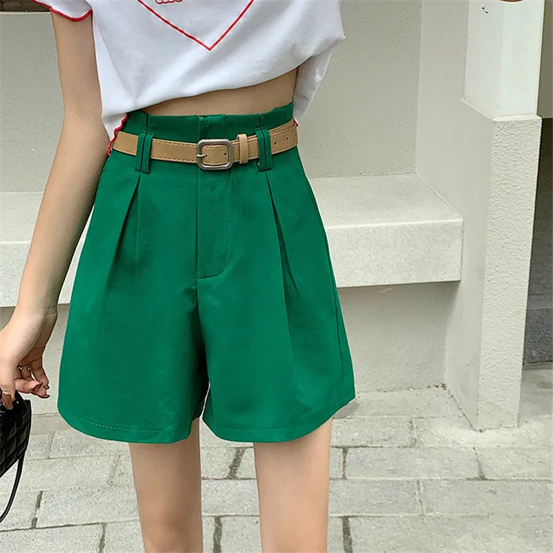 

Solid Ruffle High Waist Casual Shorts Women High Street Botton Solid Summer Shorts With Belt Fashion Green Office Bottom New